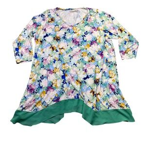 LOGO Lori Goldstein Floral Tunic Top 3/4 Sleeve Asymmetrical Hem Green Trim 2X